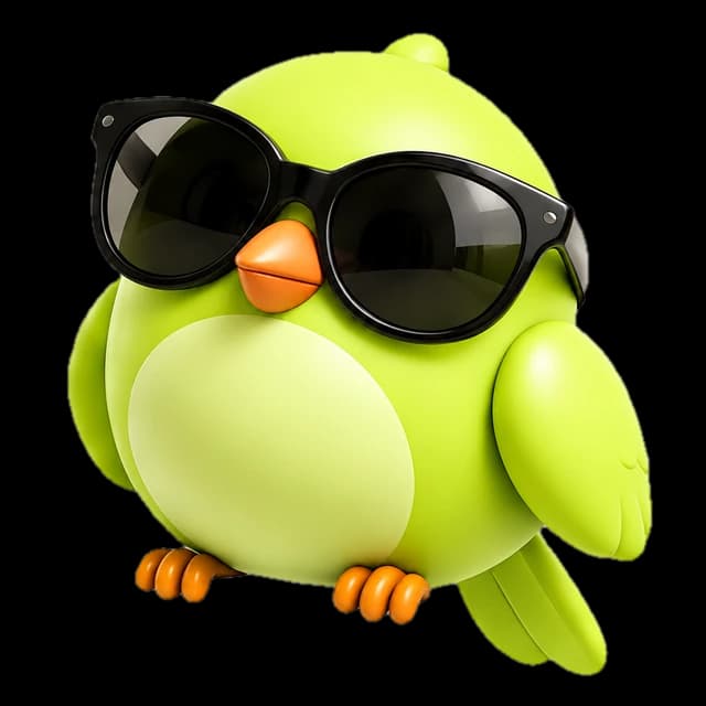 Robincash's lime-green robin wearing oversized black sunglasses